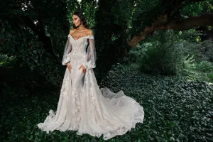 Exquisite Wedding Dresses For Women Graceful Bridal Gowns Lace Appliques Long Puff Sleeves V-Neck Pretty Vestidos De Novia