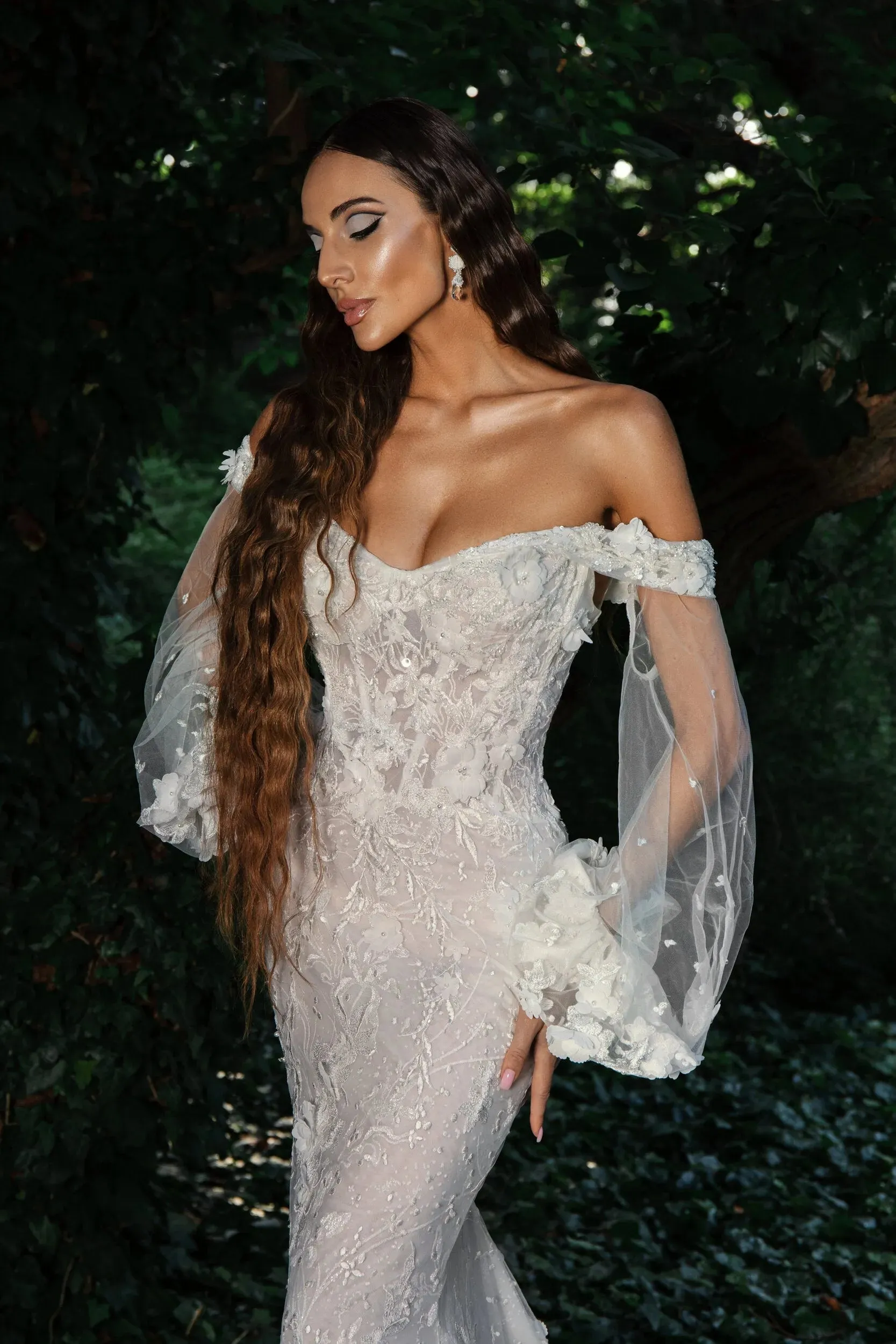 Exquisite Wedding Dresses For Women Graceful Bridal Gowns Lace Appliques Long Puff Sleeves V-Neck Pretty Vestidos De Novia