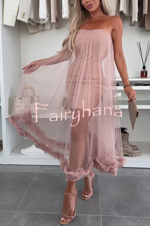 Fairytale Charm Tulle Off Shoulder Ruffles Trim A-line Midi Dress