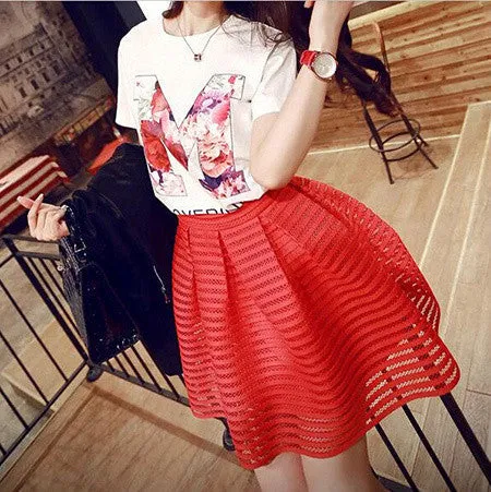 fashion skirt womens striped hollow-out fluffy skirt swing skirt ladies Black/White Ball Gown