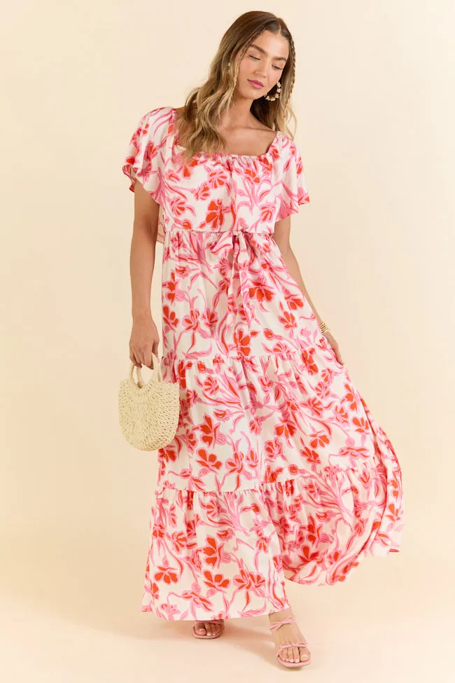 Feeling Just Fine Pink White Print Off The Shoulder Maxi Dress