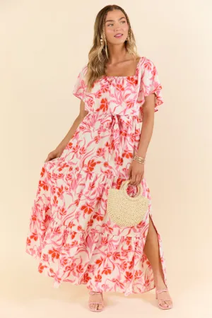 Feeling Just Fine Pink White Print Off The Shoulder Maxi Dress