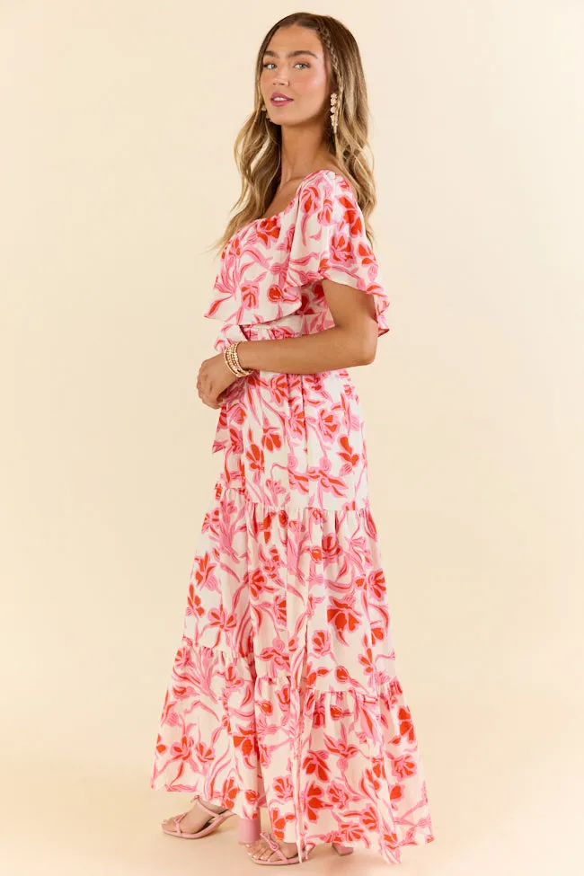 Feeling Just Fine Pink White Print Off The Shoulder Maxi Dress