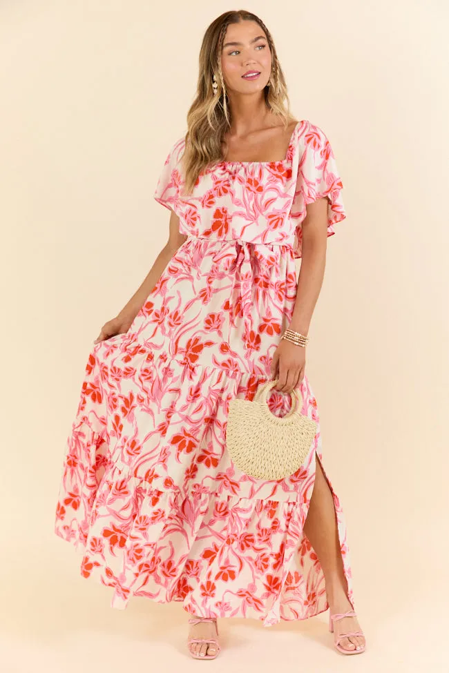 Feeling Just Fine Pink White Print Off The Shoulder Maxi Dress