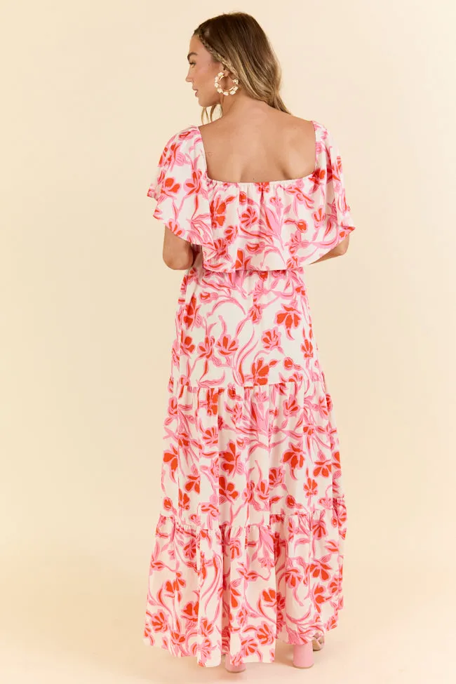 Feeling Just Fine Pink White Print Off The Shoulder Maxi Dress