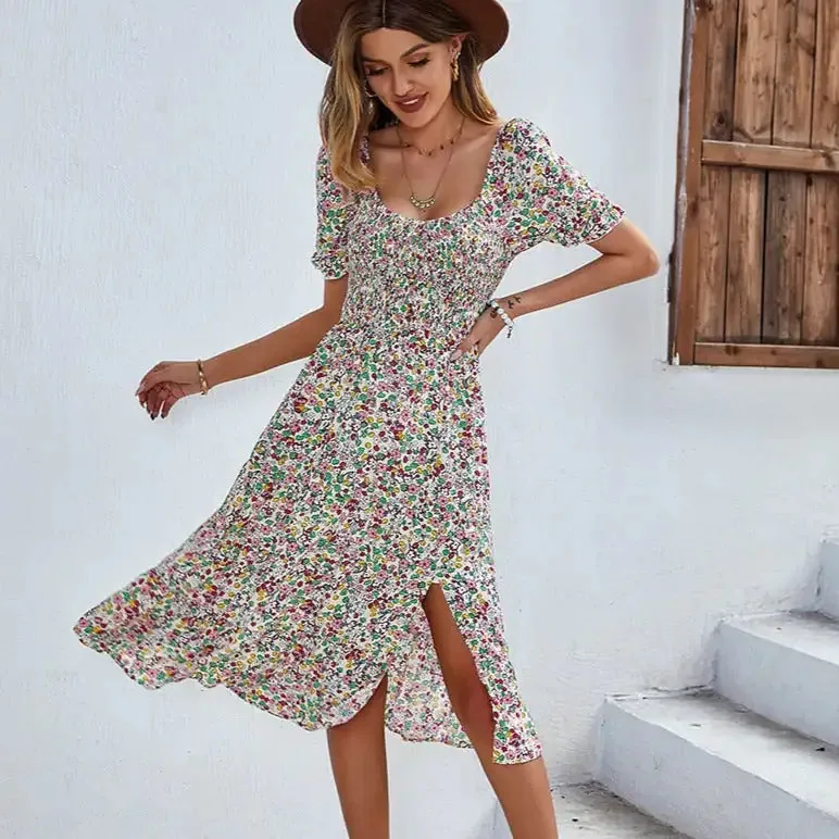 Floral Dress Smocked Sleeve V Neck Dresses