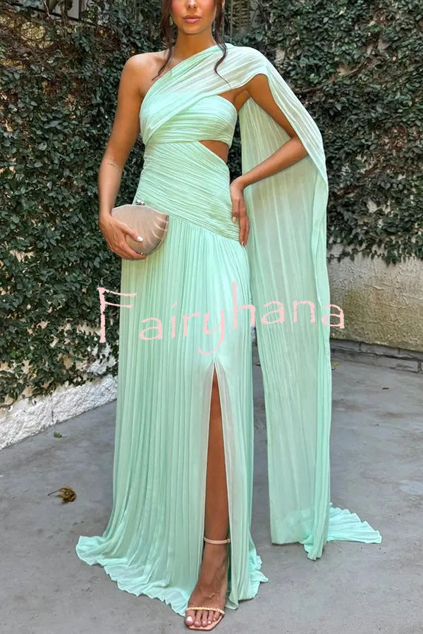 Forest Muse Chiffon Pleated Off Shoulder Cutout Waist Cape Maxi Dress
