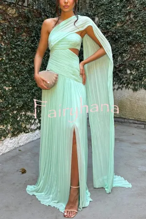 Forest Muse Chiffon Pleated Off Shoulder Cutout Waist Cape Maxi Dress