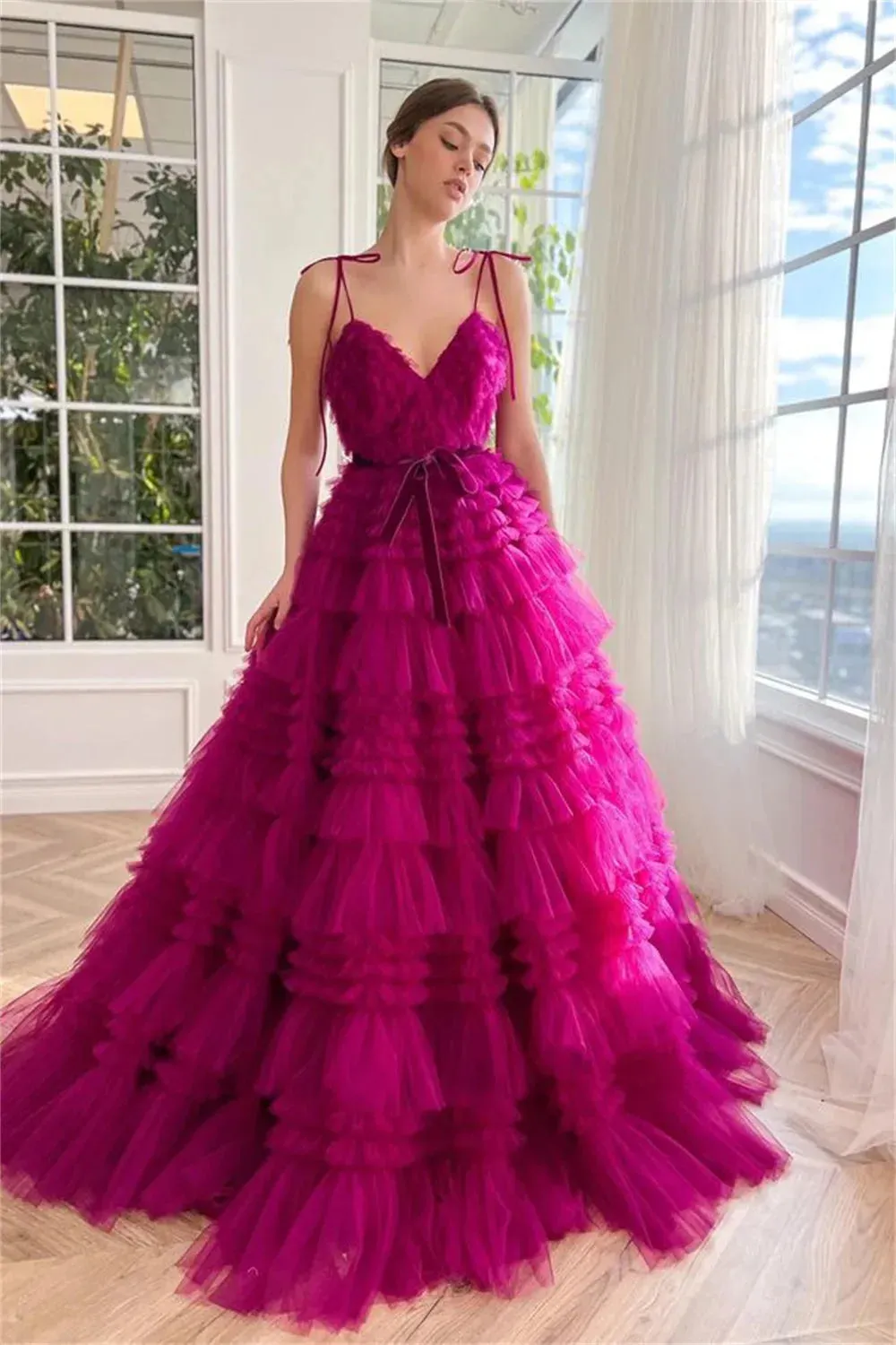 Fuchsia Prom Dresses Multilayer Spaghetti Strap Tulle Wedding Dress Elegant Sleeveless Floor-Length Vestidos De Fiesta