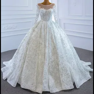 Fully Beaded Scoop Ball Gown Wedding Dress Long Sleeve Bridal Gown