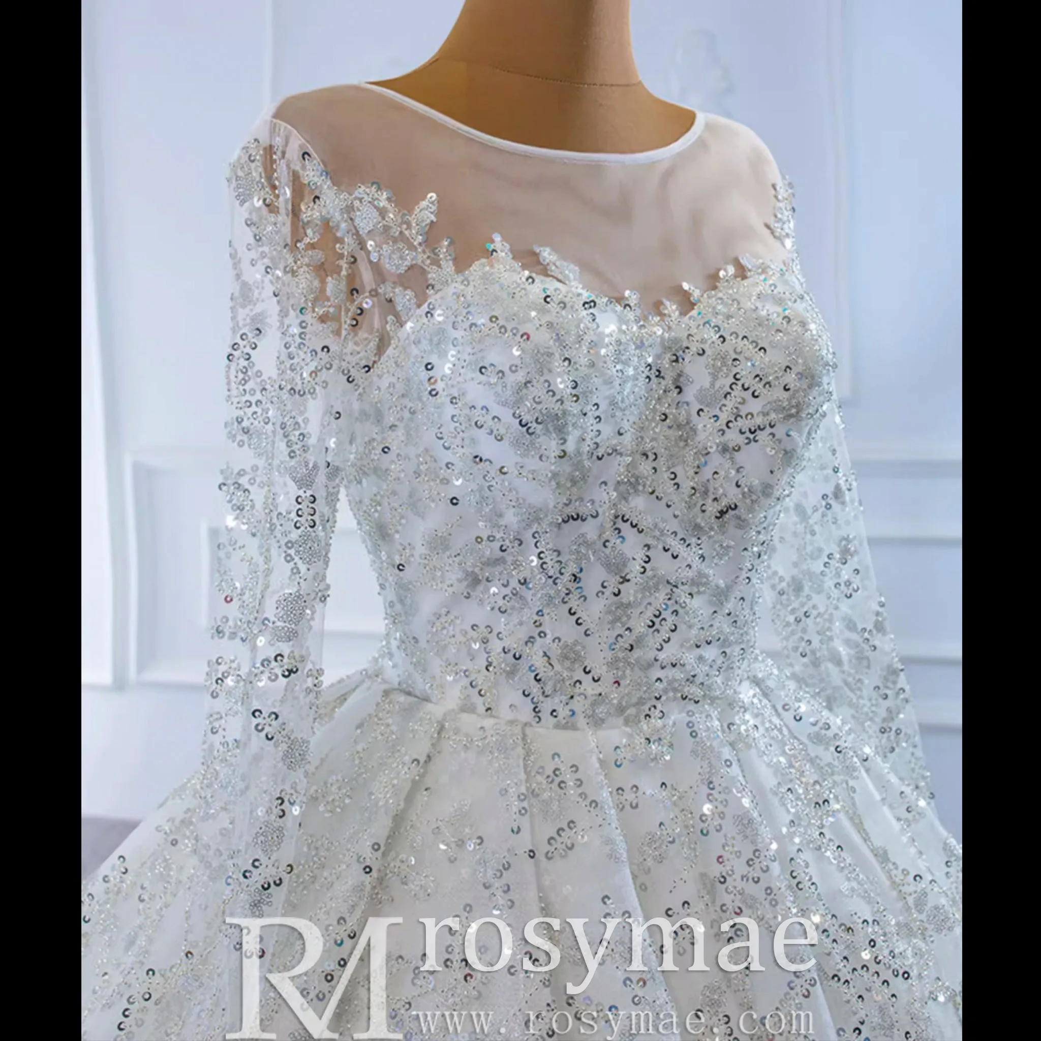 Fully Beaded Scoop Ball Gown Wedding Dress Long Sleeve Bridal Gown