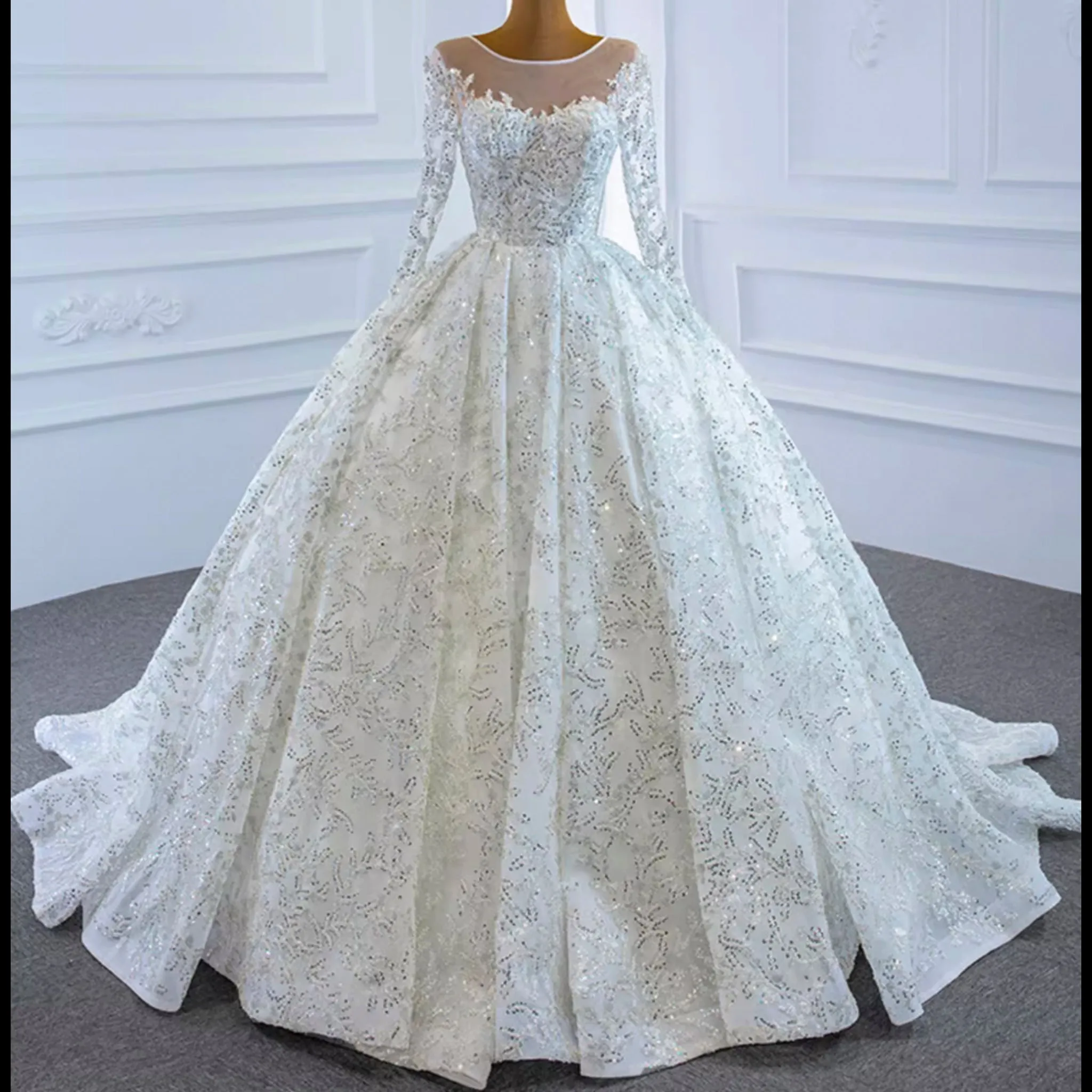 Fully Beaded Scoop Ball Gown Wedding Dress Long Sleeve Bridal Gown