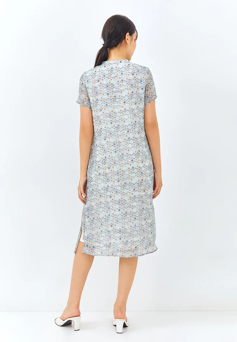 Geometric Print Cheongsam Dress in Light Blue