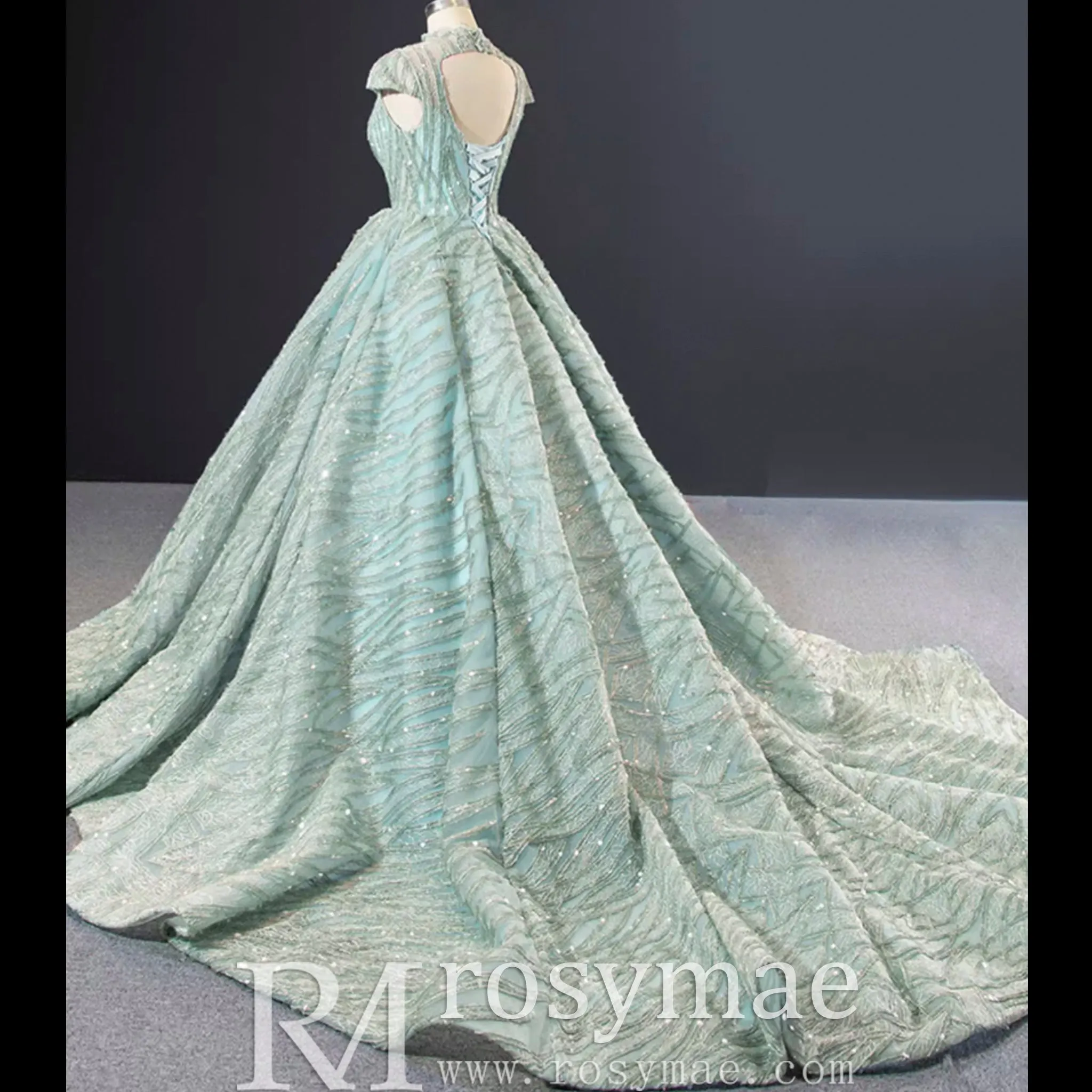 Glamorous Sheer High Neck Formal Prom Dress with Cap Sleeve