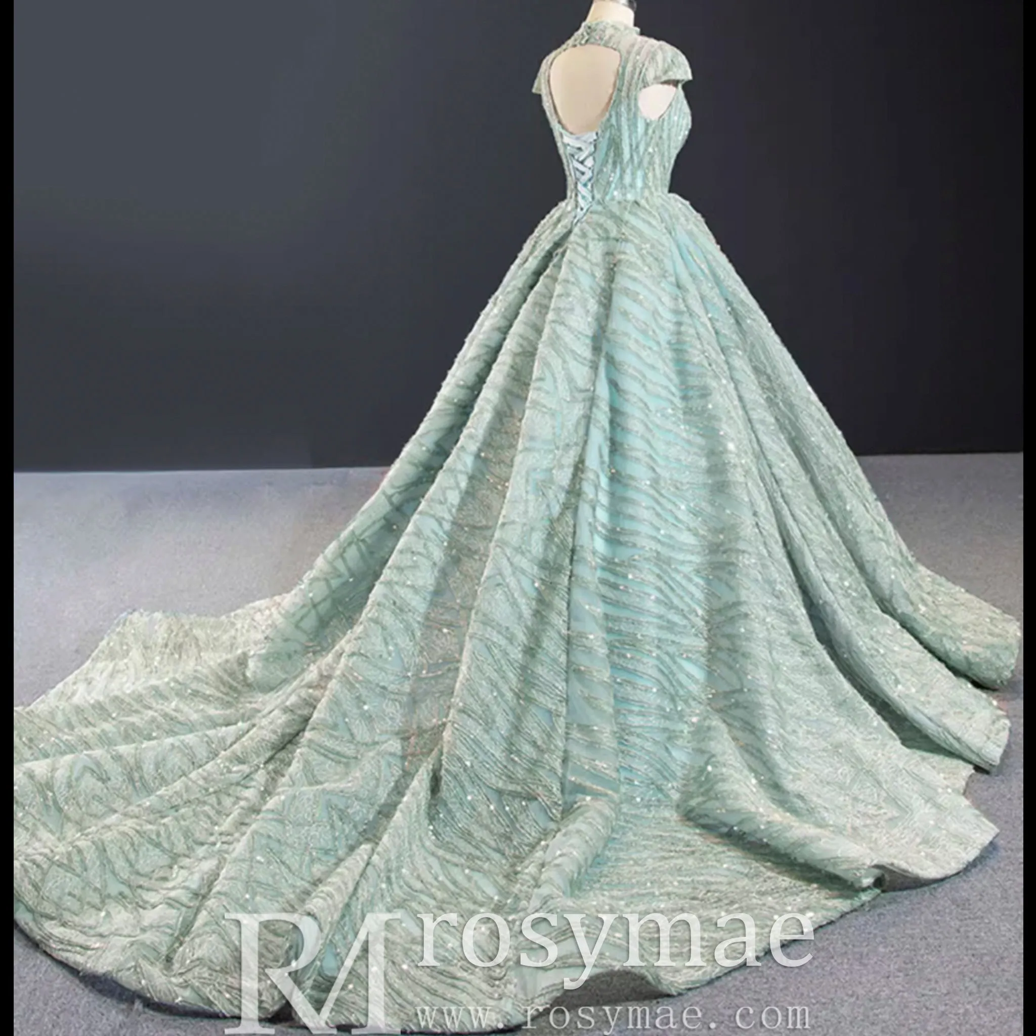 Glamorous Sheer High Neck Formal Prom Dress with Cap Sleeve