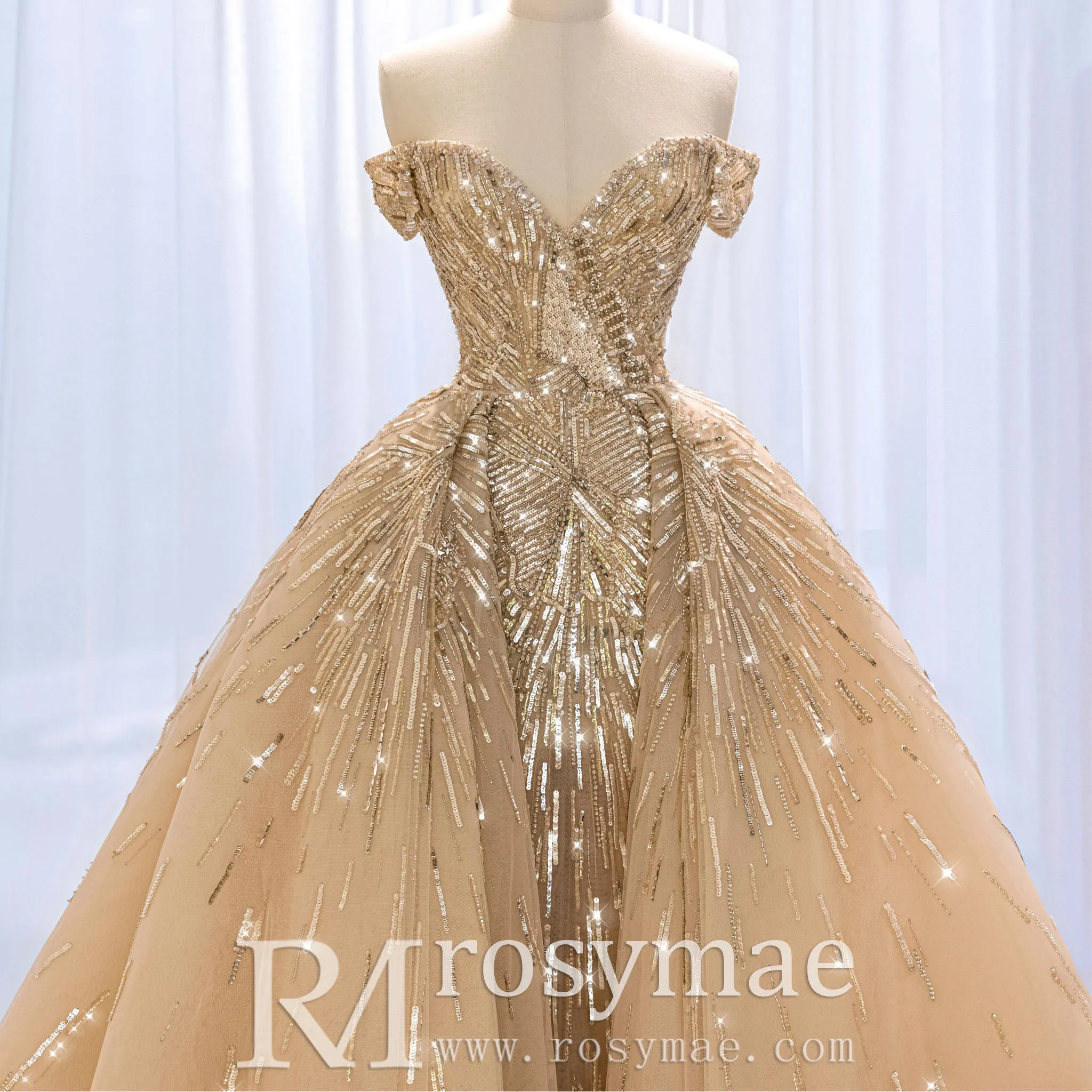 Glitter Champagne Gold Formal Dress Off Shoulder Sequin Evening Gowns