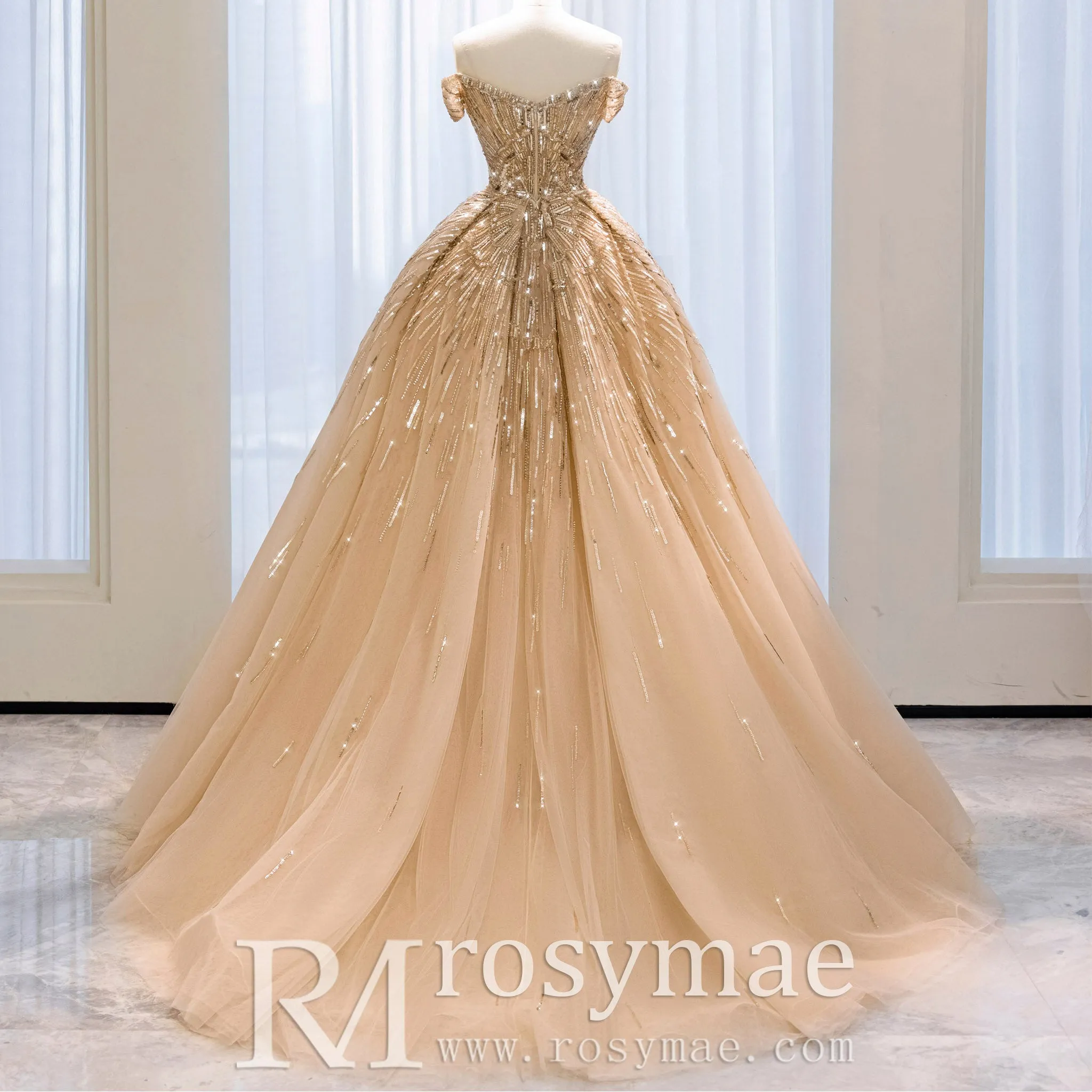 Glitter Champagne Gold Formal Dress Off Shoulder Sequin Evening Gowns