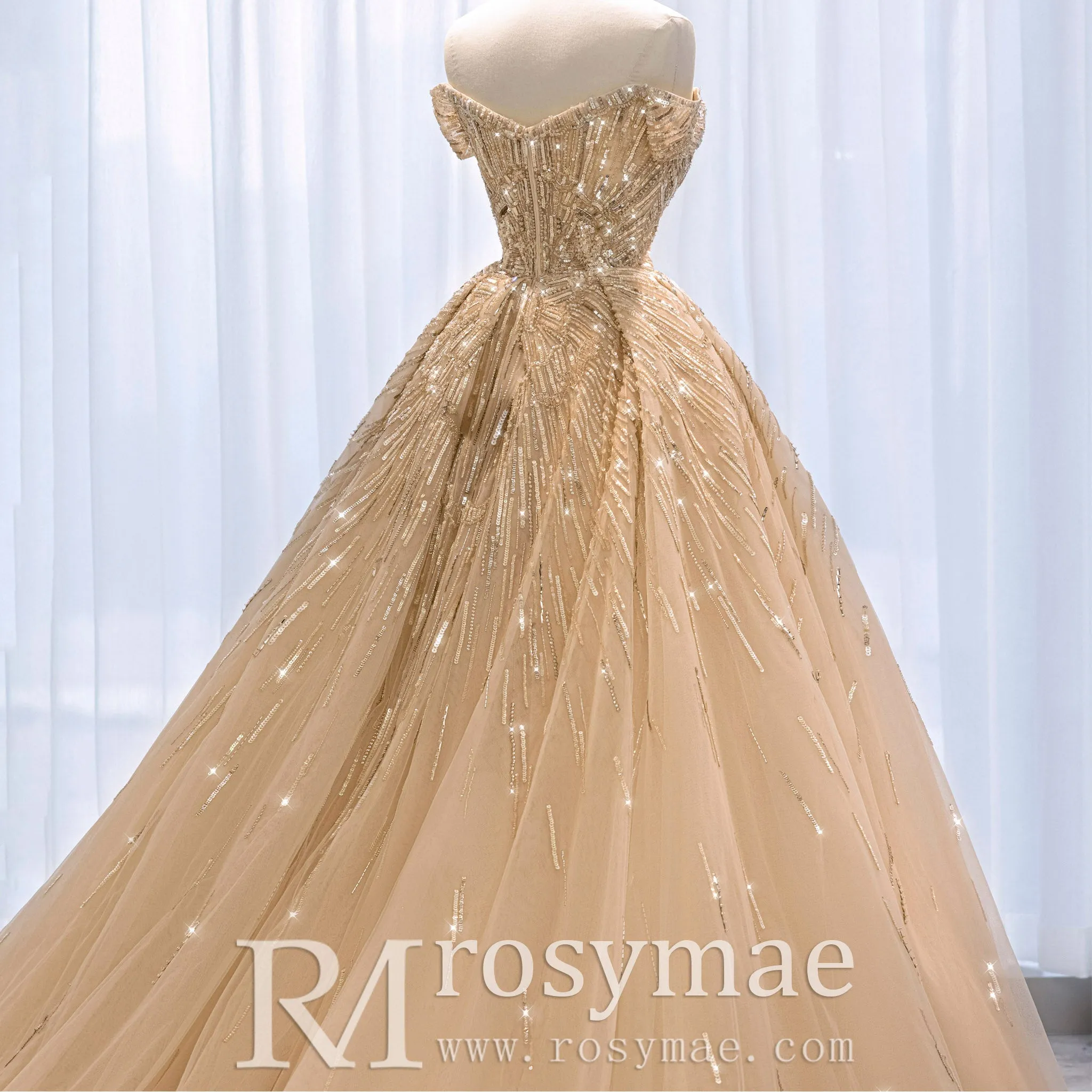 Glitter Champagne Gold Formal Dress Off Shoulder Sequin Evening Gowns