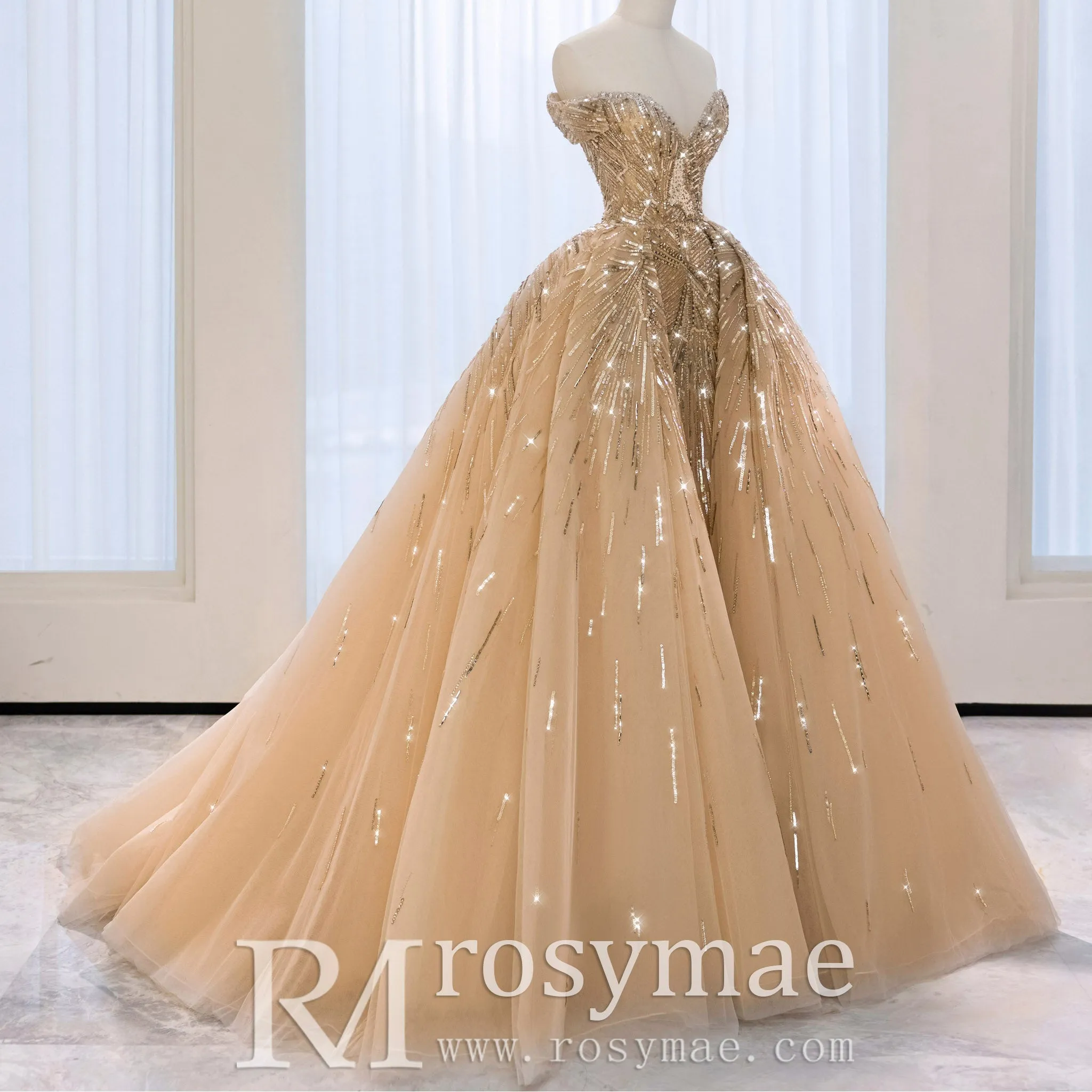 Glitter Champagne Gold Formal Dress Off Shoulder Sequin Evening Gowns
