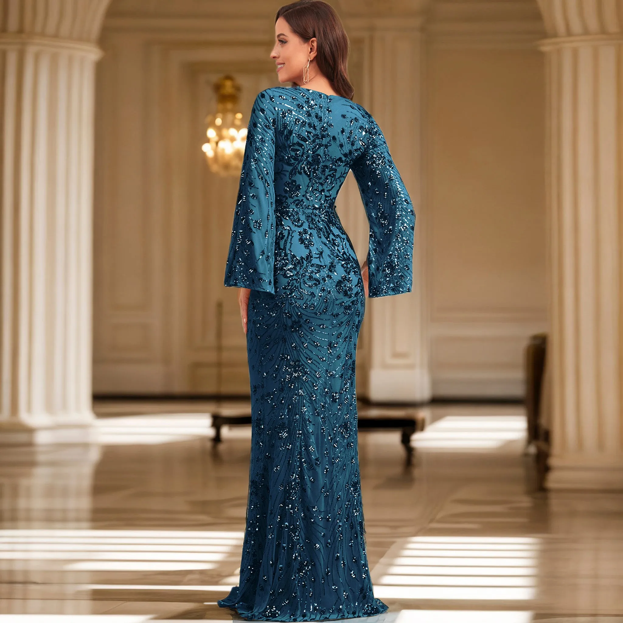 Glitter Mermaid Dress Mother of The Bride Long Sleeve V-Neck Formal Gown