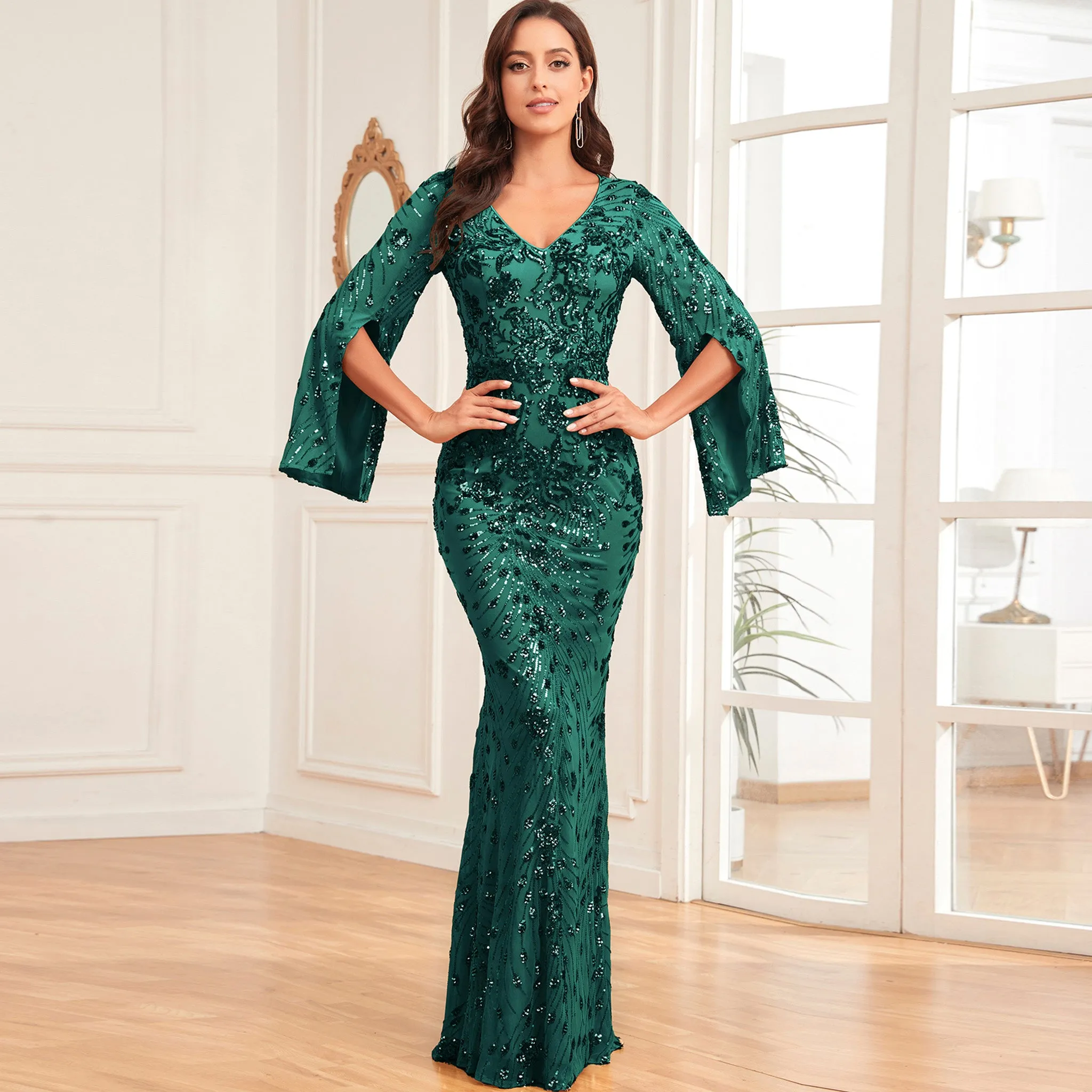 Glitter Mermaid Dress Mother of The Bride Long Sleeve V-Neck Formal Gown
