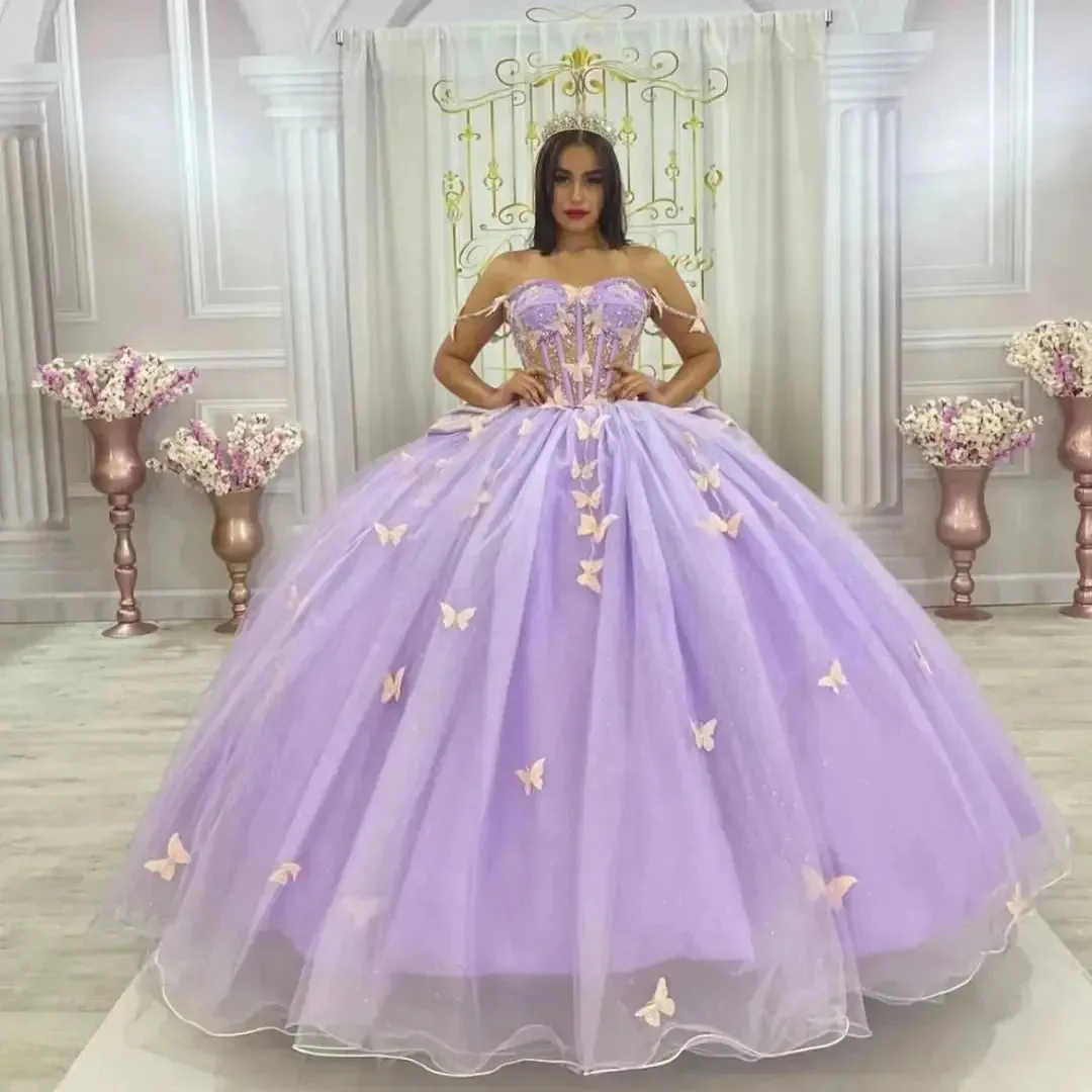 Glittering Lilac Butterfly Quinceanera Dresses With Bow Off-Shoulder Vestidos De 15 Anos Party Prom Princess Dress