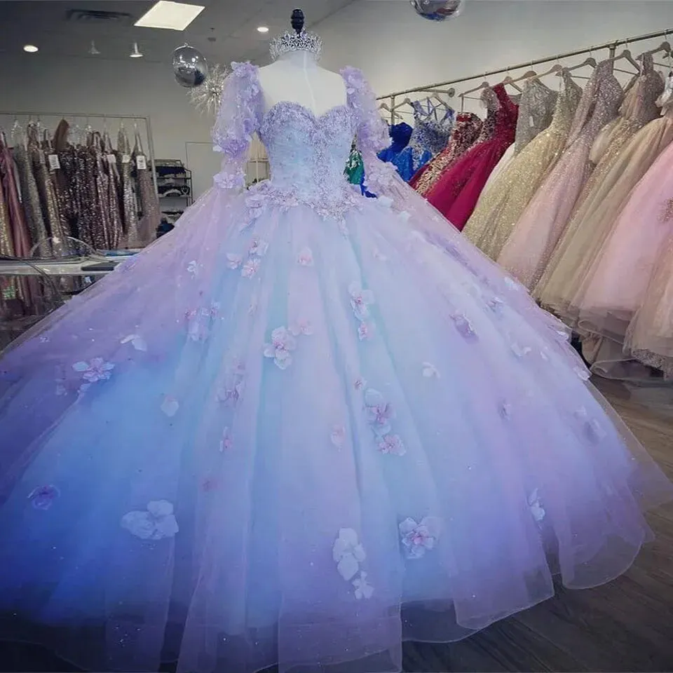 Glittering Lilac Quinceanera Dresses Floral Appliques with Bow Vestidos De 15 Anos Long Puffy Sleeves Party Prom
