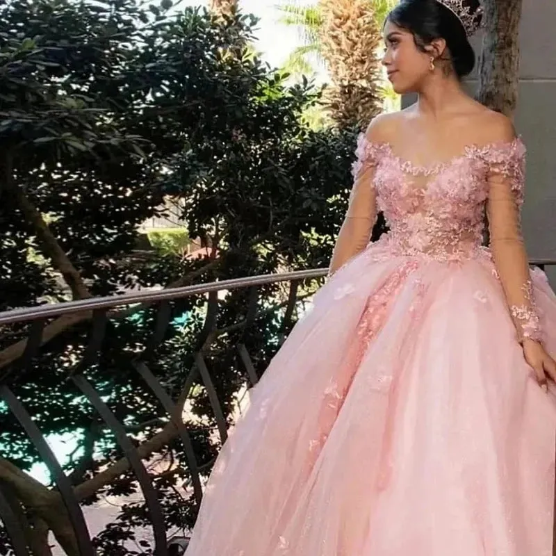 Glittering Pink Quinceanera Dresses Beading Lace Birthday Formal Evening Party Prom Vestidos De 15 Anos Ball Gown