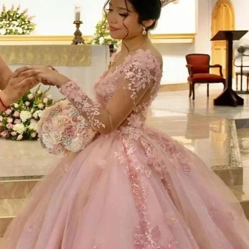 Glittering Pink Quinceanera Dresses Beading Lace Birthday Formal Evening Party Prom Vestidos De 15 Anos Ball Gown