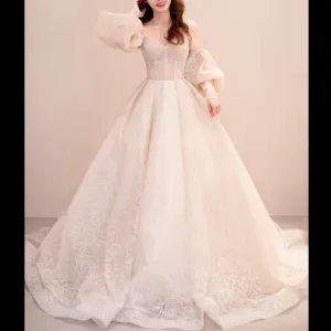 Glittery Long Lantern Sleeves Ball Gown Wedding Dress