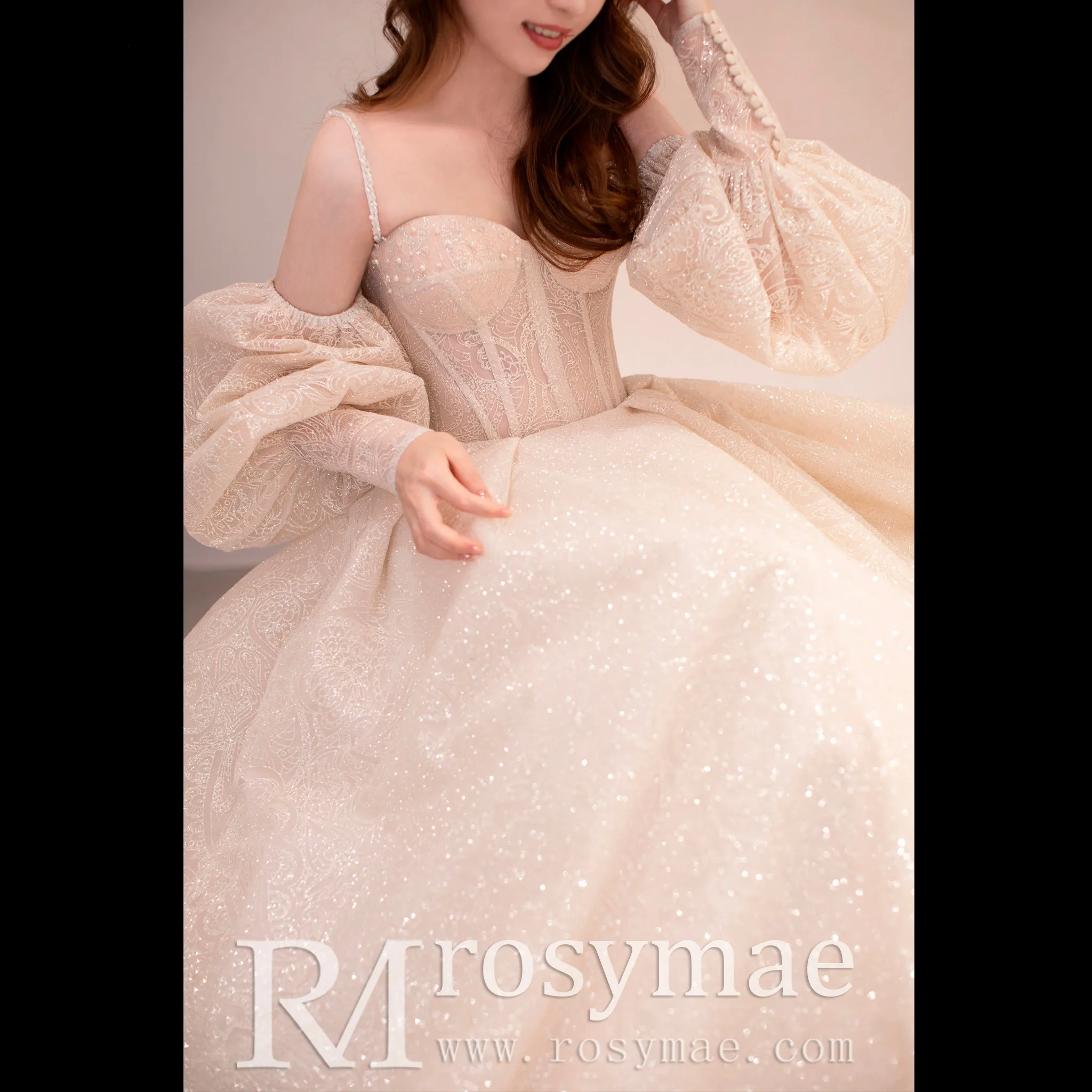 Glittery Long Lantern Sleeves Ball Gown Wedding Dress