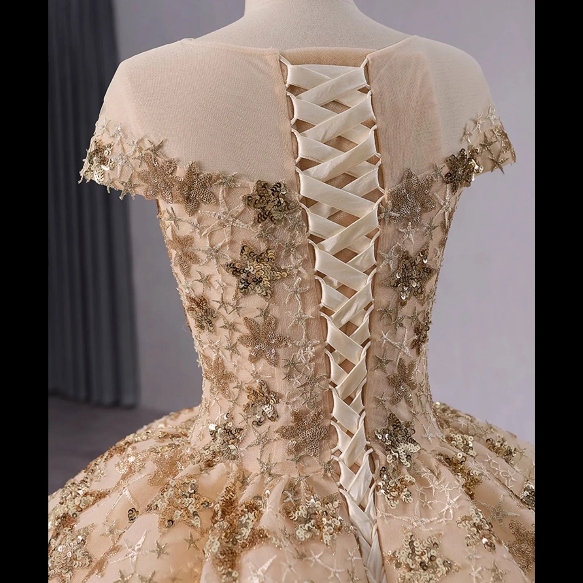 Gold Star Ruffle Wedding Dress with Cap Sleeve Quinceanera Gown