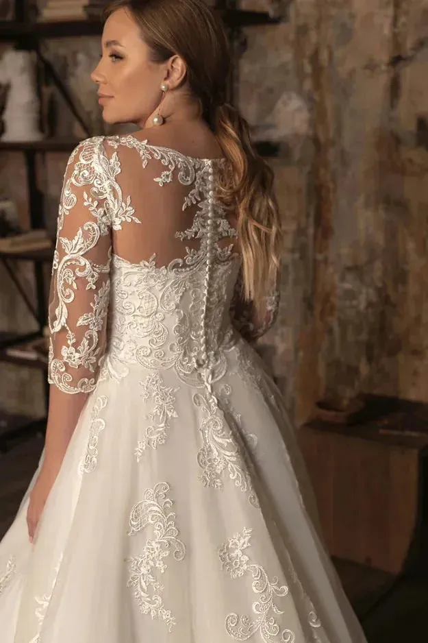 Gorgeous A Line Vestidos De Novia V Neck Three Quarter Sleeves Wedding Dresses Appliques Vestido De Noiva