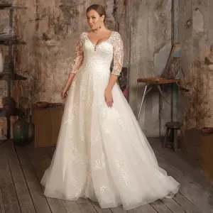 Gorgeous A Line Vestidos De Novia V Neck Three Quarter Sleeves Wedding Dresses Appliques Vestido De Noiva