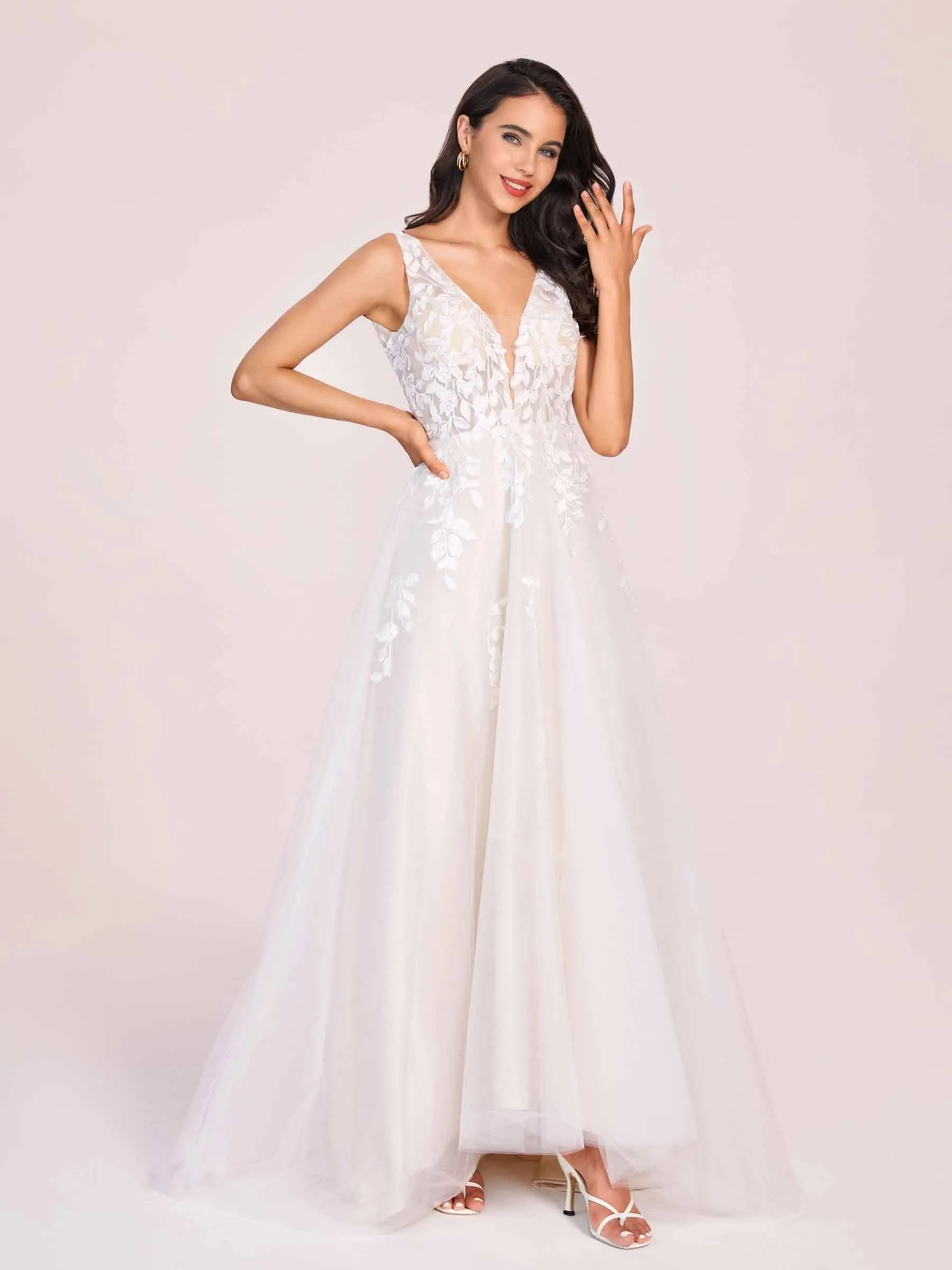 Gorgeous V-neck Open Back A-line Lace Floor Length Wedding Dress