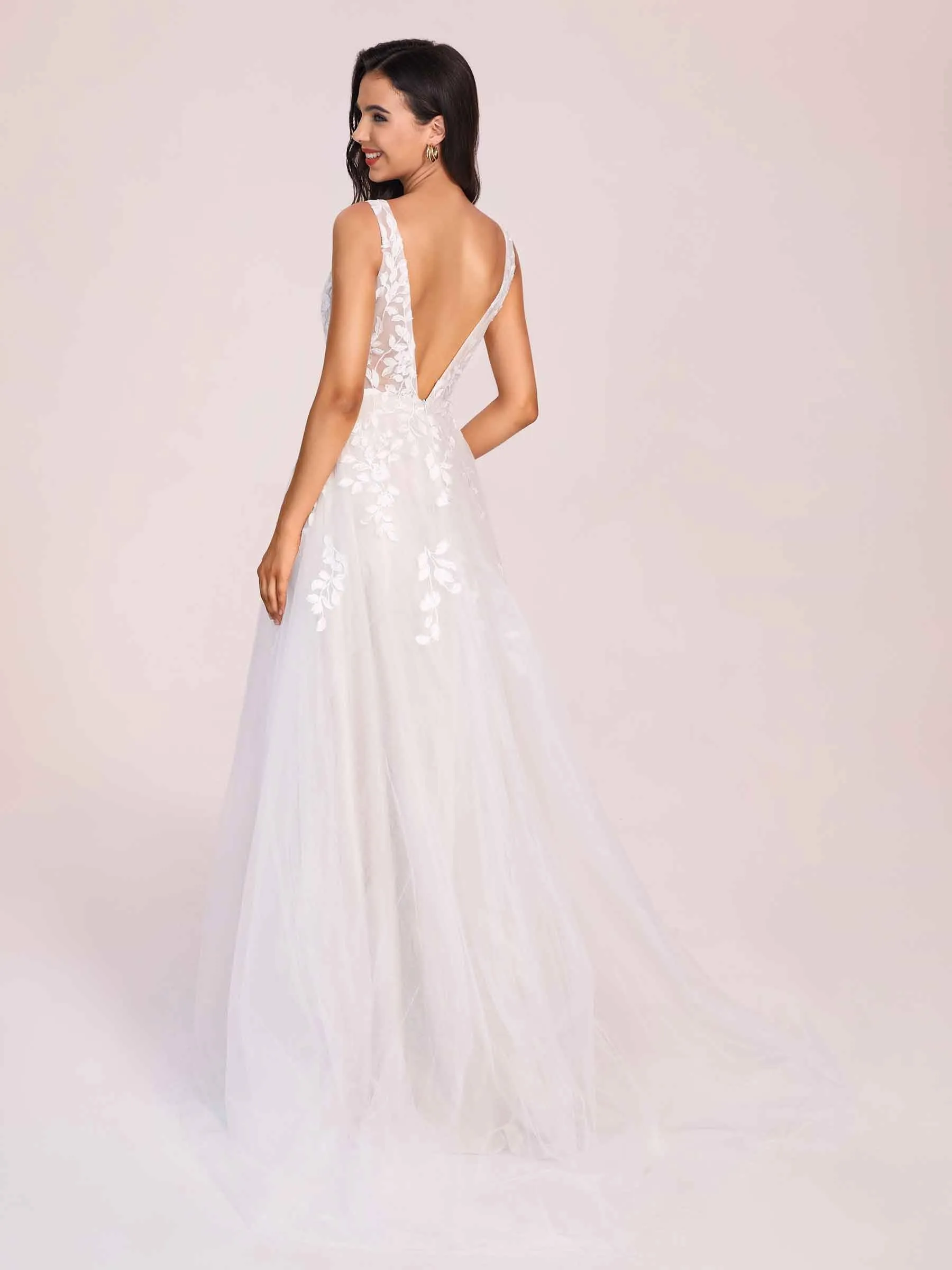 Gorgeous V-neck Open Back A-line Lace Floor Length Wedding Dress