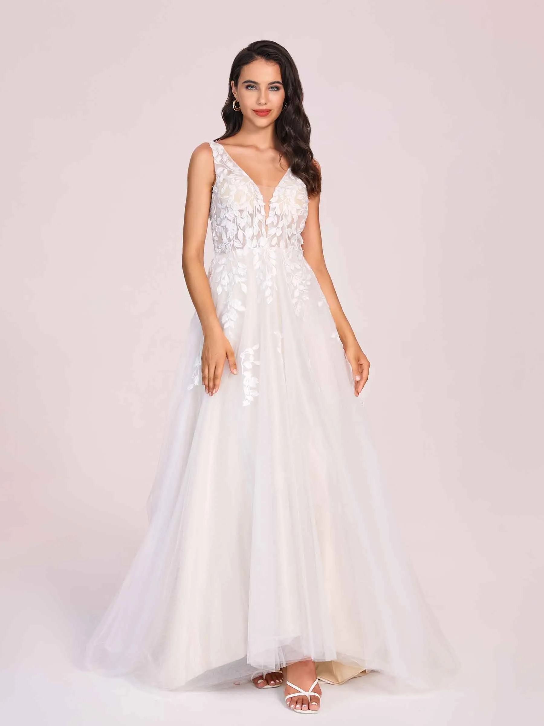 Gorgeous V-neck Open Back A-line Lace Floor Length Wedding Dress