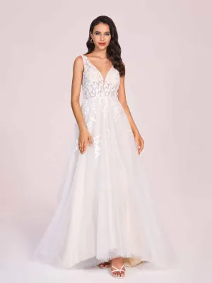 Gorgeous V-neck Open Back A-line Lace Floor Length Wedding Dress