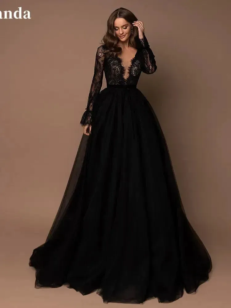 Gothic Black Long Sleeve Prom Dress Sexy Lace A-line Party Dress Shiny Ball Gown Evening Dress V-neck Christmas Dress