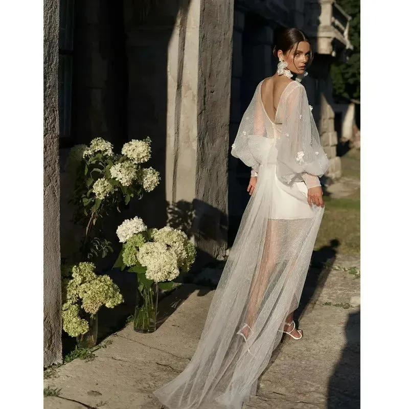 Graceful Deep V Neck Wedding Dresses Long Sleeves With Train Tulle Floral Lace Mini Short Beach Bridal Gowns Robe Custom