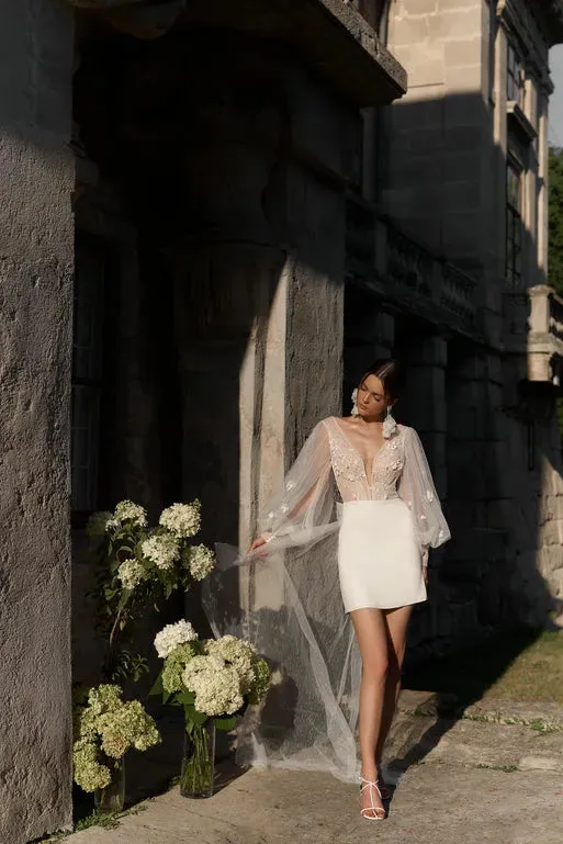 Graceful Deep V Neck Wedding Dresses Long Sleeves With Train Tulle Floral Lace Mini Short Beach Bridal Gowns Robe Custom
