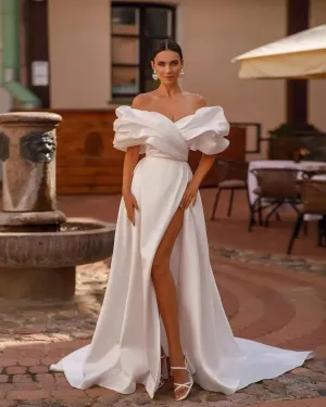 Graceful Satin Wedding Dresses Boat Neck Bridal Gowns Off The Shoulder A-Line Robes For Formal Party Side Slit Vestidos De Novia