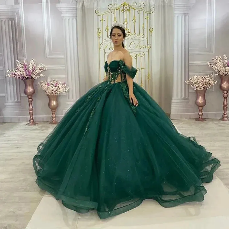 Green Glittering Luxury Crystal Quinceanera Dresses Off Shoulder Birthday Party Ball Gown Vestidos de 15 años