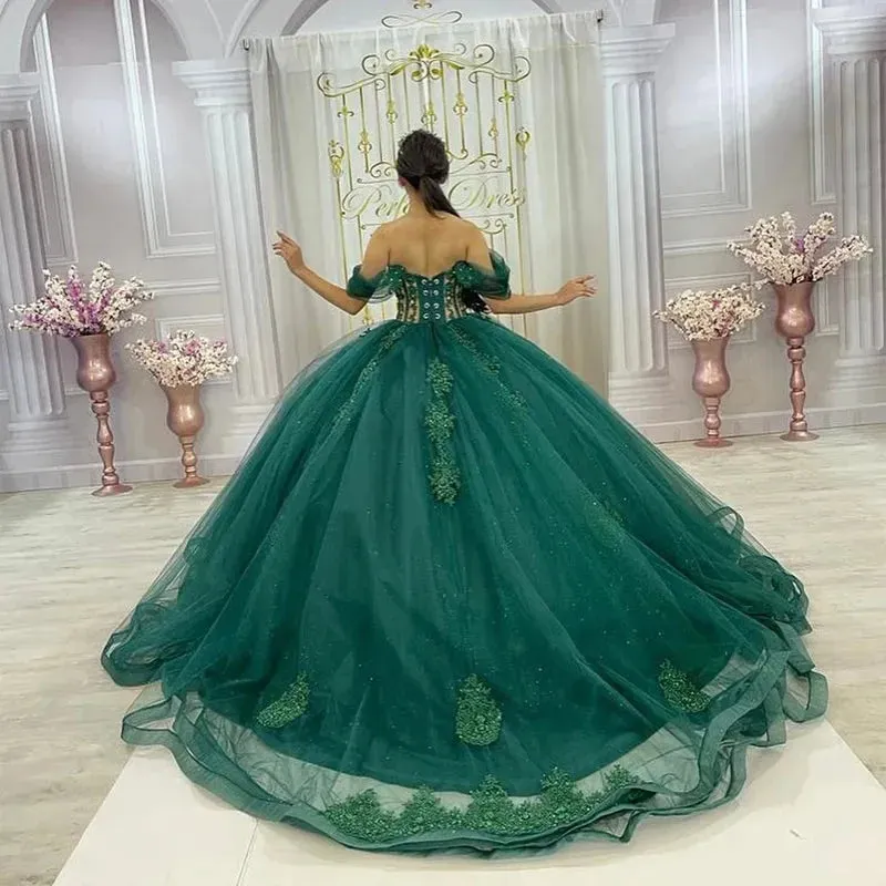 Green Glittering Luxury Crystal Quinceanera Dresses Off Shoulder Birthday Party Ball Gown Vestidos de 15 años