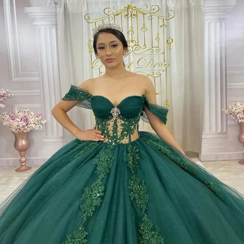 Green Glittering Luxury Crystal Quinceanera Dresses Off Shoulder Birthday Party Ball Gown Vestidos de 15 años