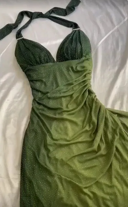 Green Halter Ombre Ruffles Chiffon Long Party Dress Vintage Evening Gown, D382