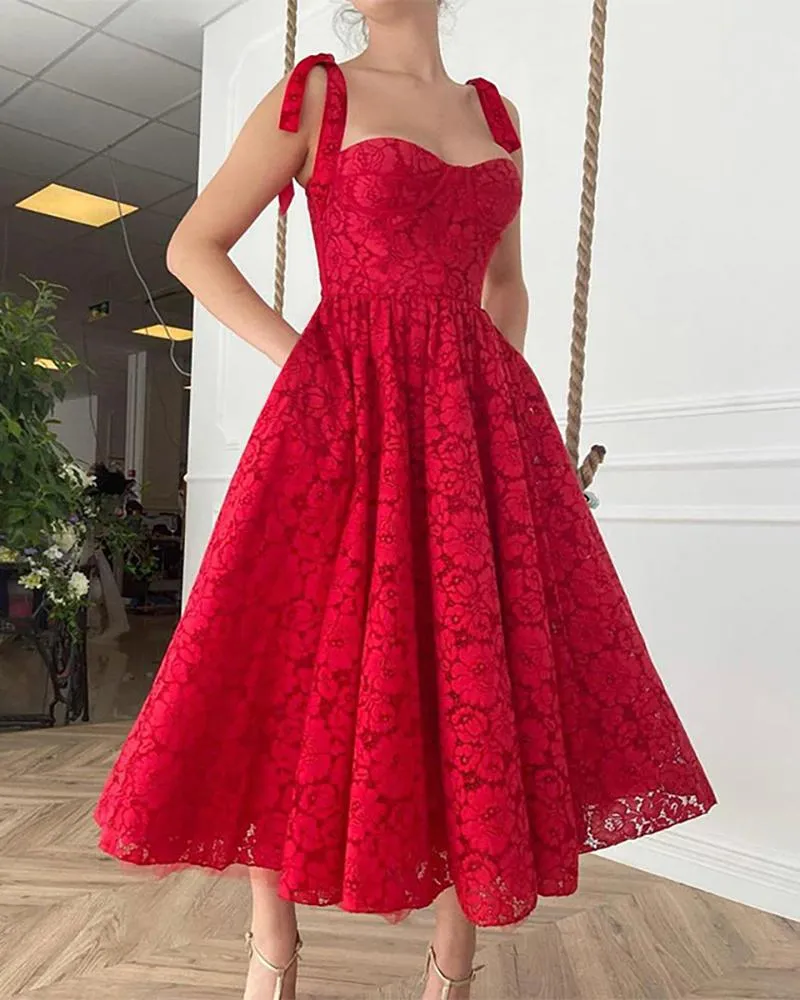 Guipure Lace Tied Detail Sleeveless Evening Dress