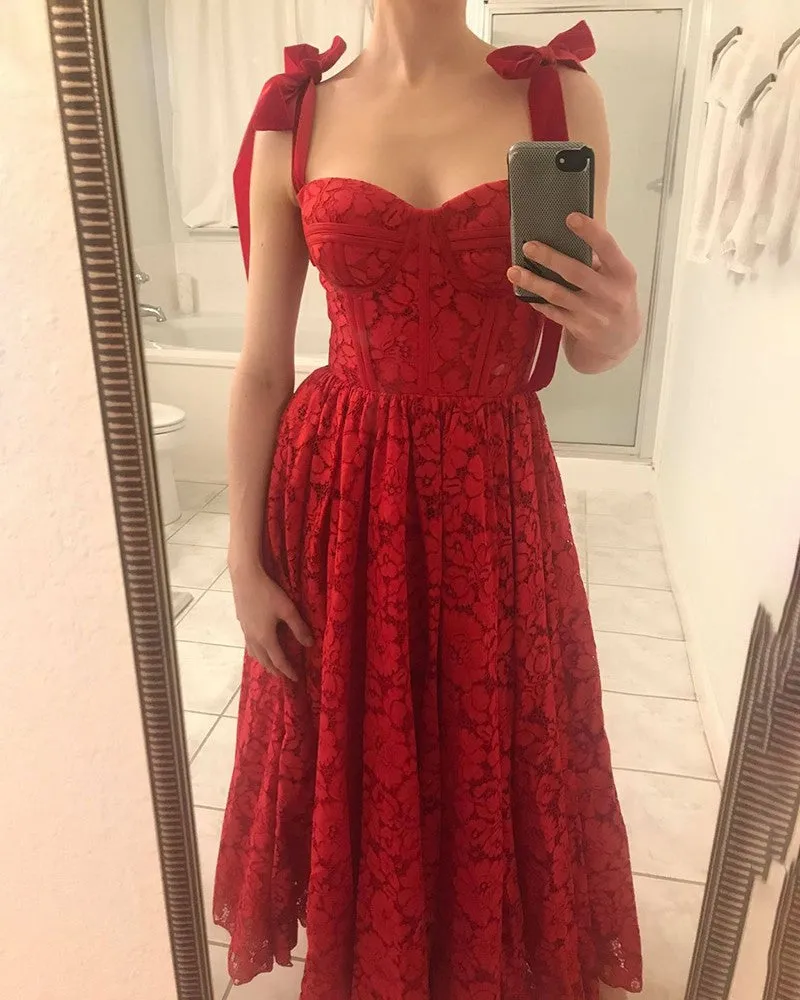 Guipure Lace Tied Detail Sleeveless Evening Dress
