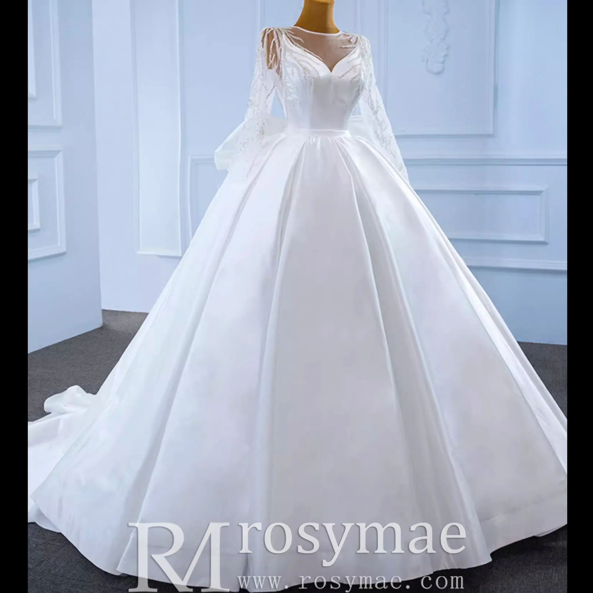 High  Back Long Sleeve Satin Ball Gown Wedding Dress with Long Bow