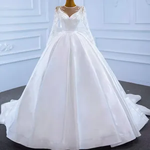 High  Back Long Sleeve Satin Ball Gown Wedding Dress with Long Bow